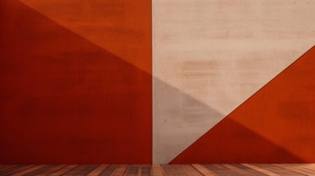 an orange wall with a white brick floor, featuring an abstract geometric composition in light red and dark beige. sunrays illuminate the scene, highlighting the frequent use of diagonals. this captivating artwork by carl kleiner showcases varying wood grains and exhibits mastery in panel composition. ai generatedの素材
