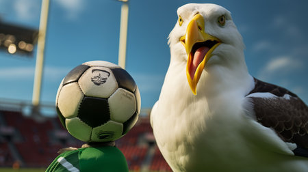a bald eagle, in the style of rendered in unreal engine, holds a soccer ball and a football, showing support for one of the teams. this captivating documentary photo showcases humorous animal scenes with a close-up view. the dark green and white colors add a touch of soviet aesthetics to the unreal engine 5 composition. ai generatedの素材