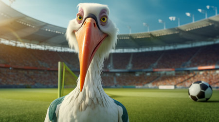 an orange stork stands in the back grass, observing a soccer player. rendered in cinema4d, this artwork emphasizes emotion over realism with its dark green and white color palette. the detailed crowd scenes and depth of field add to the overall atmosphere. the stork's strong facial expression captivates the viewer, creating a sense of intrigue and curiosity. keywords: orange stork, soccer player, cinema4d, emotion, darkの素材