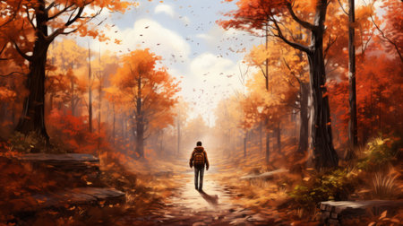 a person strolling along a path surrounded by autumn leaves in a concept art style. the realistic landscape painting depicts a fictional landscape with soft brushstroke realism, suitable for 2d game art and cabincore themes. the 32k uhd image showcases a serene and picturesque setting. ai generatedの素材