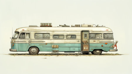 a vintage rv, styled as a speedpainting, is showcased in this photo. its captivating colors of dark aquamarine and beige add to its allure. the image captures the essence of editorial illustrations, creative commons attribution, scientific illustrations, minimalistic portraits, and realistic figurative paintings. ai generatedの素材