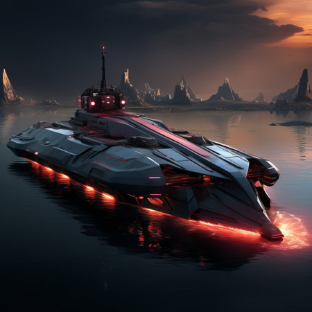 a hyper-realistic marine life style image featuring a large, futuristic spaceship in the background. the dark gray and light crimson color scheme creates a celestialpunk vibe while the sharp linework and luminous shadows add a heistcore feel. the spaceship is depicted with fire lighting up, set against a hyper-realistic water backdrop. ai generatedの素材