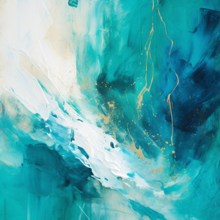 blue abstract piece with greens and turquoise, featuring a gold and white swirl. this aerial view artwork showcases detailed brushstrokes in dark and light turquoise, reminiscent of the sea and coast. the contrasting backgrounds of light turquoise and gold add depth to the composition. ai generatedの素材