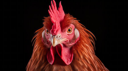 a bird gazes directly at the camera in a captivating black background. this realistic hyper-detailed portrait captures the essence of farm security administration photography, with exaggerated caricatures. the vibrant red and brown hues add depth to the image, while the paleocore aesthetic creates a unique visual experience. this performance-oriented close-up shot showcases the bird's intricate features and mesmerizing gaze. ai generatedの素材
