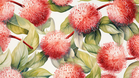 watercolor flower pattern for wallpaper inspired by australian tonalism. this interwar-era design features light red and white hues, capturing the essence of realistic hyper-detail. the intricate pattern incorporates spherical sculptures and is adorned with detailed character illustrations and hyper-realistic animal depictions from 1918 to 1939. ai generatedの素材