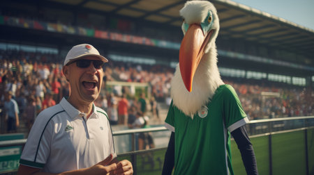 a guinea pig mascot, resembling realistic avian art, captured in this vibrant uhd image by raphael lacoste. this soccer match ambiance showcases the exotic white and emerald feathers, blending with the scene inspired by bastien lecouffe-deharme's illustrations. photographed using fujifilm superia for exceptional clarity and colors. ai generatedの素材