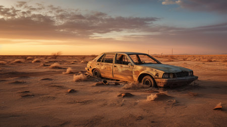 abandoned sedan on a deserted road, with shattered windows and missing tires. the bleak landscape surrounding it is a barren expanse of scrub brush and sand. volumetric lighting adds depth to this professional photograph. ai generatedの素材