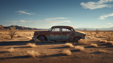 an old car sits in the middle of the desert, capturing the essence of atmospheric portraits. this vray tracing image evokes the spirit of farm security administration photography and iconic civil rights imagery. the car's light blue and bronze hues blend seamlessly with the decaying landscapes, creating a stunning uhd image. ai generatedの素材