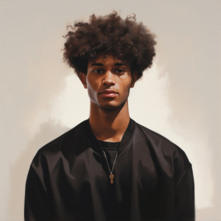 a young afro-caribbean guy wearing a jacket is depicted in this chinese illustration. the artist has skillfully applied the hyper-realistic portraiture style, reminiscent of nicolaes maes' works. with a touch of afro-caribbean influence, this digital painting showcases the talent of michael malm. the minimalist portraits and influence from serge marshennikov contribute to the overall aesthetic of this engaging artwork. ai generatedの素材