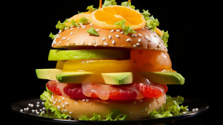 burger in the shape of a human body, styled like intricate fruit arrangements. this uhd image captures the vibrant orange and green colors, creating a luminescent color scheme. piles of stacked ingredients form this unique masterpiece, photographed with a rollei prego 90 and canon eos 5d mark iv. ai generatedの素材