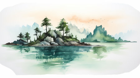 a vibrant watercolor artwork captures the essence of an island, adorned with lush trees and surrounded by a serene ocean. the misty atmosphere adds a touch of mystery to this norwegian nature-inspired painting. with its light turquoise and dark green hues, it exudes an adventurous vibe. the skilled use of palette knives creates captivating reflections, enhancing the overall visual appeal. ai generatedの素材