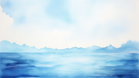 a serene watercolor painting capturing the beauty of blue water in the summer sea. this minimalist artwork, inspired by northern china's terrain, features sparse backgrounds and a whimsical skyline. the horizon stretches across the minimalist background, offering detailed marine views. ai generatedの素材