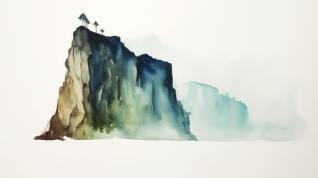 two people sitting on the top of a cliff in a watercolour sketch, capturing the mysterious jungle atmosphere. created by fenghua zhong, this panoramic scale artwork features dark aquamarine and green tones. the minimalist nature studies showcase heavy use of palette knives, resulting in jagged edges. ai generatedの素材