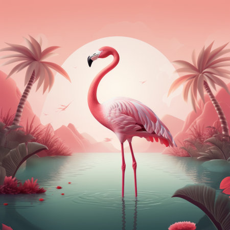 a vibrant illustration by raphael lacoste featuring a flamingo scout sunbathing in front of water, surrounded by tropical palm trees. the artwork showcases intricate landscapes with dark red and light pink color gradients, capturing the essence of exotic birds and characterized animals. ai generatedの素材