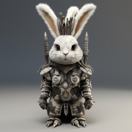 a hyper-detailed 3d rendering of a war bunny adorned with elaborate costumes, wielding iron halberds and swords. this artwork, inspired by the styles of alejandro jodorowsky and hiroshi sugimoto, showcases intricate mechanical designs and porcelain-like textures. jeff soto's influence can be seen in the vibrant and captivating illustrations. ai generatedの素材