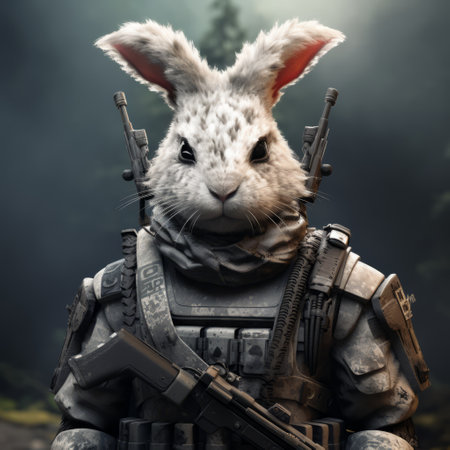 an army rabbit, donned in futuristic armor, gripping a gun tightly, stares intently over his shoulder. this hyper-realistic image showcases a fusion of sci-fi and fantasy elements, presented in a dark white and dark gray color palette. the high-resolution 8k quality brings out intricate details, while the forestpunk setting adds a unique touch. with its eerily realistic portrayal and uniformly staged composition, this artwork capturesの素材