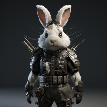 a hyper-realistic sci-fi depiction of a rabbit character donning black armor, wielding two swords. this artwork showcases realistic and hyper-detailed renderings with the use of konica big mini camera. the image features realistic textures in white, creating an industrialpunk aesthetic. powered by intel core technology. ai generatedの素材
