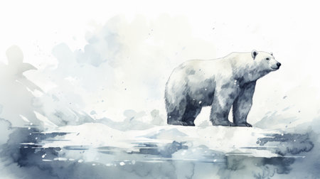 a polar bear, depicted in a watercolor illustration, stands on the ice in this atmospheric and moody landscape. created by stephen shortridge, this 8k resolution image showcases illustrative storytelling with minimalistic brushstrokes. the calming and captivating scene is brought to life in uhd quality. ai generatedの素材