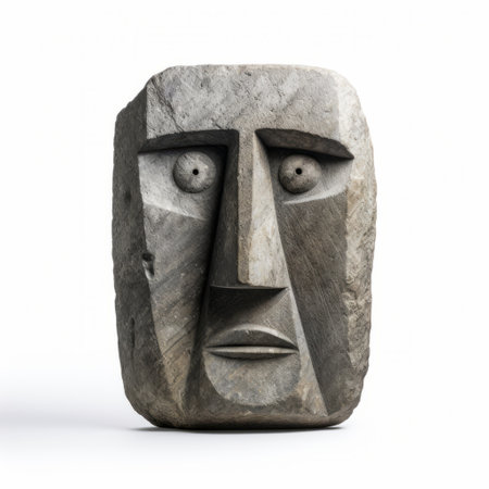 wood carved face stone by jason wilson, inspired by the hasselblad h6d-400c. this single object showcases an isolated frontal perspective, featuring symmetrical primitive structures. embodying the essence of the cluj school, this captivating wood carving is a testament to wilson's craftsmanship and artistic vision. ai generatedの素材