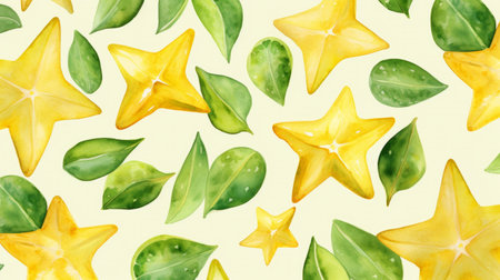 a pattern featuring yellow stars and leaves, inspired by realistic watercolor paintings. this design promotes environmental awareness with sharp and clever humor. it captures the essence of velvia, showcasing softly organic elements influenced by maranao art. the realistic usage of light and color adds depth to this captivating image. ai generatedの素材