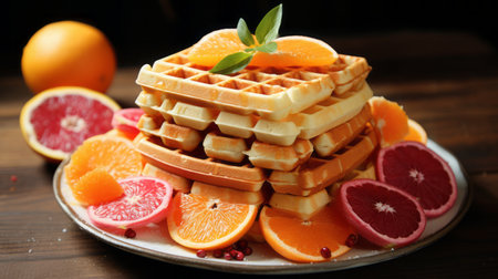 oranges, raspberries, lemons, and figs artfully arranged on a waffle, showcasing a striking blend of bold structural designs and traditional color scheme. this captivating photo captures the harmonious combination of natural and man-made elements, with interlocking structures in white and orange hues. ai generatedの素材