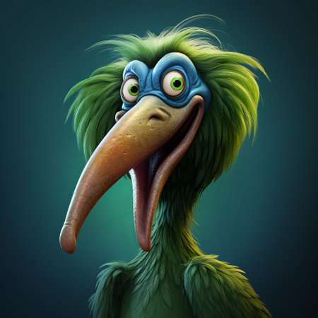 finch: this quirky pelican character, with vibrant green color and a curious smile, has bright eyes and a fuzzy texture. it features tiny black seeds, a wide grin, playful eyes, and consistent size. the high-resolution image showcases itemizable details. ai generatedの素材
