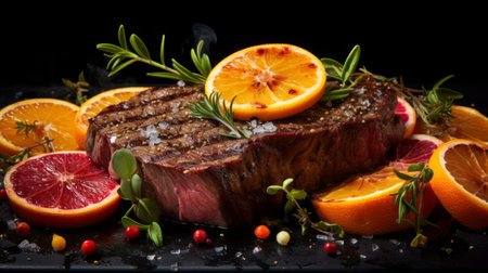 a mouth-watering steak and fresh orange slices are beautifully presented on a table adorned with rosemary. the rtx style adds a gemstone-like quality to the dark orange and silver color scheme, creating a luminous and textural sensation. yankeecore's precise detailing elevates the overall aesthetic, making this photo a feast for the eyes. ai generatedの素材
