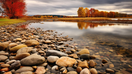 river with rocks and fall colors in earth tones. eye-catching composition with light gray and amber hues. prairiecore style photography by dmitry kustanovich on flickr, featuring light crimson and amber tones. ai generatedの素材