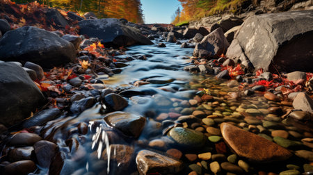 a country road winds through the landscape, flanked by imposing boulders. the realistic portrayal of light and color in this photo captures the vibrant hues of red and amber. the luminous streams of water add to the mesmerizing colorscapes. taken with a canon af35m camera and a wide-angle lens, this image evokes the spirit of the hudson river school. ai generatedの素材