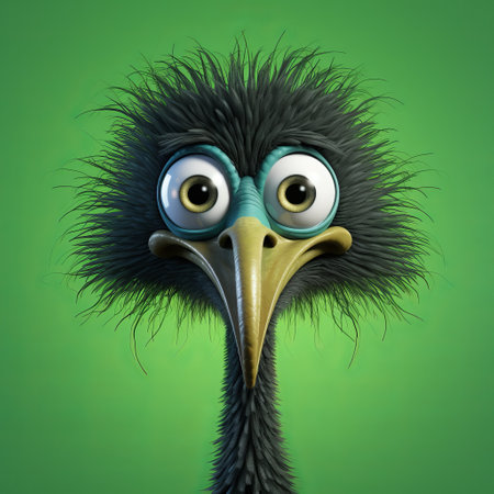 ostrich: a quirky penguin character with a vibrant green color, curious smile, and bright eyes. this fuzzy creature is adorned with tiny black seeds for added charm. its wide grin and playful eyes make it an eye-catching addition to any collection. with consistent size and high resolution, its itemizable details are sure to captivate. ai generatedの素材