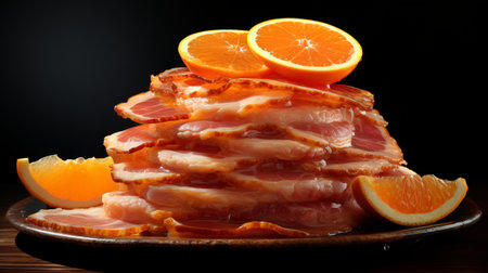 a bacon sandwich adorned with apple and orange slices, showcasing an intricate texture of fur and feathers. captured using zbrush, this backlit photograph highlights the fine lines and details. shot with a helios 44-2 58mm f2 lens, it offers a traditional chinese aesthetic in stunning 32k uhd resolution. ai generatedの素材