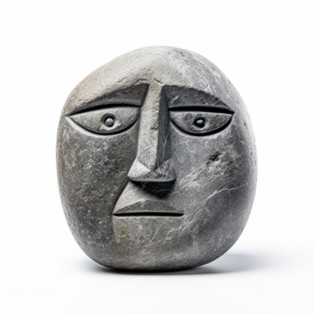 duneda faces stone sculpture: this stone artist of the house showcases a dark gray, isolated figure in the style reminiscent of picasso. with a wandering eye and influences from 20th-century scandinavian art, this sculpture exudes a naive charm. ai generatedの素材