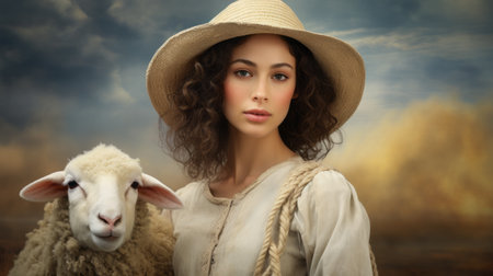 a man in a hat and a woman with a sheep stand together on a cloudy day in this stock photo. the image captures timeless beauty and realism, with a touch of historical fiction. created by mark lovett, the photo is digitally enhanced to bring out its pictorial storytelling qualities. soraya saga's artistic vision shines through in this captivating composition. ai generatedの素材