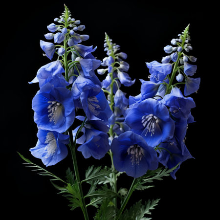 a delphinium flower, captured in photorealistic detail, stands elegantly against a striking black background. this image showcases the organic architecture of the flower, drawing inspiration from the works of cicely mary barker and martin puryear. with high contrast shots and hints of native brasilian motifs, this composition exudes grace through its gentle and graceful curves. ai generatedの素材