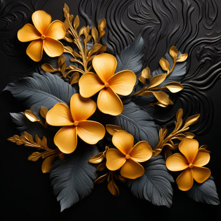 gold and silver flowers elegantly arranged on a captivating black background. this striking composition, inspired by the mesmerizing style of zbrush, combines vibrant murals, sculptural paper constructions, and photorealistic details. the contrasting light black and orange hues add to its allure, while naturalistic ocean waves and textured illustrations enhance its depth and beauty. ai generatedの素材
