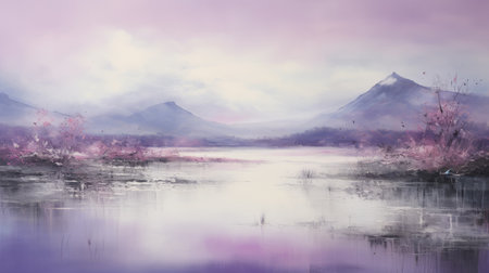 a painting featuring a purple sky overlooking serene water, showcasing the ethereal landscapes style. delicately rendered with a painterly touch, this artwork captures the beauty of scottish landscapes. with a resolution of 3840x2160, it offers high detail and serene faces within its delicate composition. ai generatedの素材
