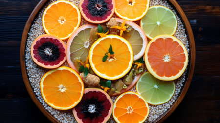 an orange tray adorned with vibrant orange slices, showcasing a captivating display of colorful complexity. this visually appealing arrangement exudes a touch of grit and grain, reminiscent of the artistic style found on flickr. inspired by the renowned designer vivienne tam, it combines light green and dark amber hues, evoking a sense of elegance. created by the talented artist ahmed morsi, this elaborate fruit arrangementの素材