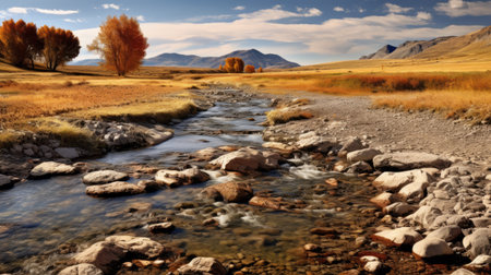 a creek meandering through a lush green grass field, showcasing the picturesque beauty of northern china's terrain. this national geographic photo captures the essence of american romanticism with its dark orange and silver hues. the primitivist elements blend harmoniously with the light amber and sky-blue tones, creating a captivating visual composition. ai generatedの素材