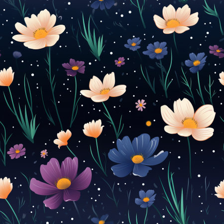 a dreamlike floral illustration by clara peeters featuring a seamless pattern in a colored cartoon style. the accurate and detailed depiction showcases a floral theme against a dark sky-blue and amber night background pattern. with its realistic usage of light and color, the artwork presents a captivating contrast between light purple and dark black, creating an enchanting visual experience. ai generatedの素材