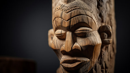 african tribal wood carving with intricate human face | weathered and aged appearance | traditional cultural heritage | dark wooden pedestal | studio lighting | high-resolution photograph | 70mm lens, ai generatedの素材