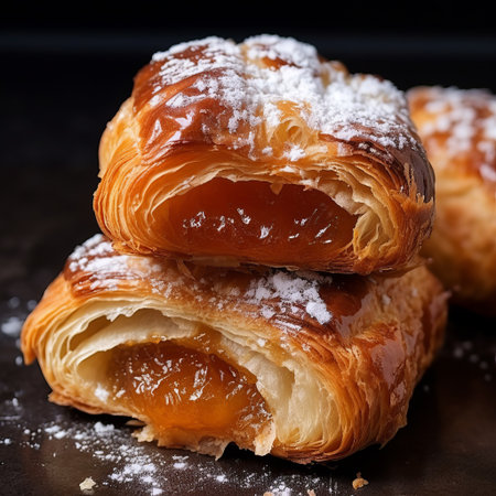 puff pastry with strawberry jam captured in the style of laowa 100mm f/2.8 2x ultra macro apo lens, featuring a dark sky-blue and orange color scheme for a monochromatic realism effect. the image showcases vignettes of paris and was taken using a nikon af600 camera. this photo fits well with traditional vietnamese cuisine and monochromatic color schemes. ai generatedの素材