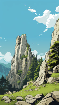 rocks in the mountains with trees, depicted in comic book-style graphics. this artwork by thechamba showcases accurate and detailed plein-air architecture. the illustration is rendered on a large canvas size, ensuring impressive 8k resolution. ai generatedの素材