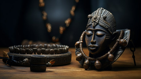 african tribal wood carved jewelry with human face | weathered and aged traditional ethnic necklace on dark wooden pedestal | studio-lit high-resolution photograph | intricate details and textures | cultural heritage of africa, ai generatedの素材