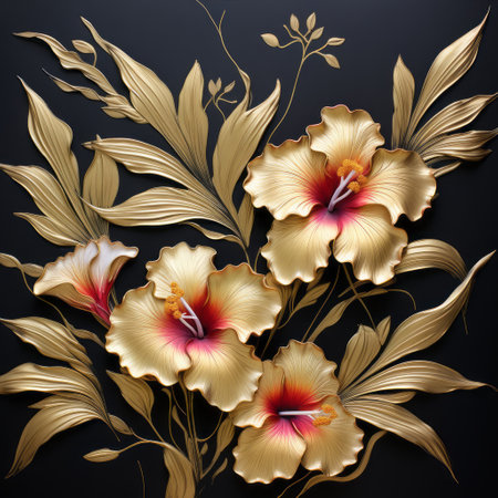 golden hibiscus flowers bloom vibrantly against a striking black backdrop. this wall sculpture and installation showcases hyper-detailed porcelain illustrations, featuring multi-layered compositions and beautifully painted artwork. inspired by the art of tonga, this piece incorporates the use of paper to create a captivating visual experience. ai generatedの素材