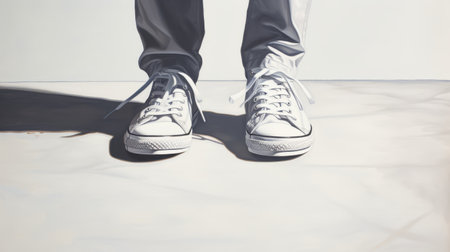 a hyper-realistic painting of feet in a pair of shoes, showcasing stark minimalism and precisionist lines. the style is characterized by light white and light gray tones, creating a solarizing effect. this artwork captures the essence of low-angle composition and is reminiscent of the canon f-1 camera. ai generatedの素材