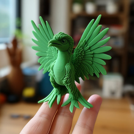 a small figurine held by someone, showcasing a foampunk-inspired design with dark green and light green colors. the figurine is intricately crafted in the style of life-like avian illustrations, featuring precisionist lines and a birds-eye-view perspective. its multilayered dimensions are brought to life through the use of zbrush technology. ai generatedの素材