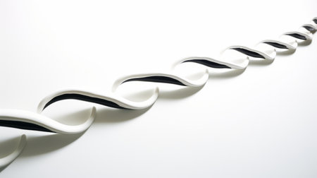 a row of white and gray sculptures, with whiplash curves and bold black lines, sits on a table. made of rubber, these modern jewelry pieces create contrasting shadows against a swirling vortex backdrop. ai generatedの素材