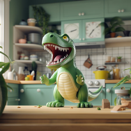 a playful and emotionally charged digital art design of a t-rex dinosaur rendered in 3d. this illustration, inspired by the style of bill gekas, features a kitchen still life with vibrant green elements. the cartoon violence adds a unique twist to the storytelling, while the use of vray tracing creates visually stunning scenes. ai generatedの素材