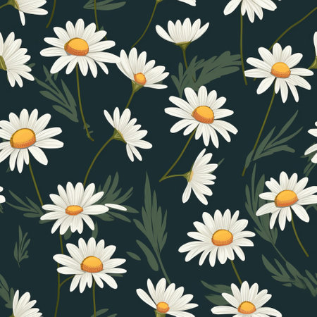 white daisies create a seamless pattern on a dark background, showcasing detailed foliage. the playful cartoonish illustrations exhibit vintage aesthetics and realistic detail. the light yellow and dark emerald colors add depth to this synthetism-inspired illustration. ai generatedの素材