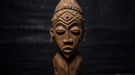 wooden african tribal statue with intricate carvings of a human face. weathered and aged appearance adds to its historical significance. placed on a dark wooden pedestal, the statue is highlighted by soft studio lighting. neutral background allows the statue to be the focal point. high-resolution photograph captured with a professional 70mm lens showcases the statue's intricate details and textures. keywords: african tribal statue, wooden statue,の素材